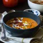 Roasted Tomato Soup with Coconut Milk and Prosciutto